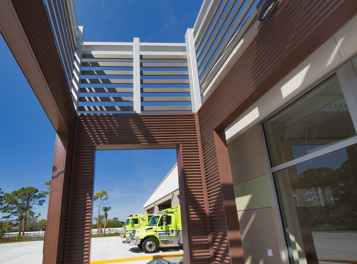 Architectiural entrance detail of Palm Beach Gardens fire and rescue.